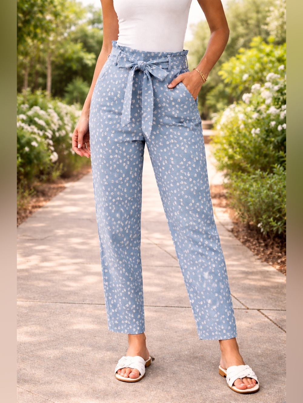 Jules & Leopold Dusty Blue Floral Paperbag Tie-Waist Pants